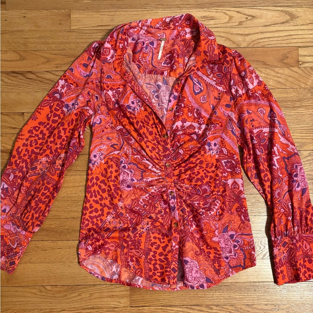Free People Pink Long Sleeve Wrap Button Down Shirt